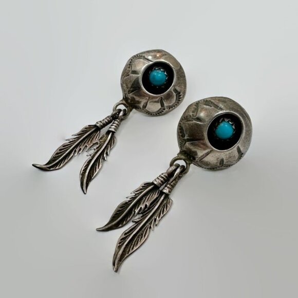 Turquoise Earrings, Native American, Feathers, Navajo, Shadowbox, Sterling - Picture 1 of 4